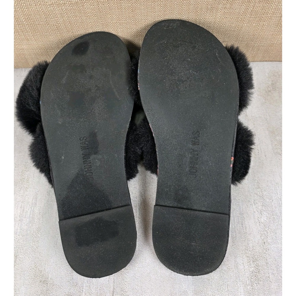 Johnny Was Ardell X Slipper Black Faux Fur Floral Print Slides Womens 8M Boho - Picture 10 of 10